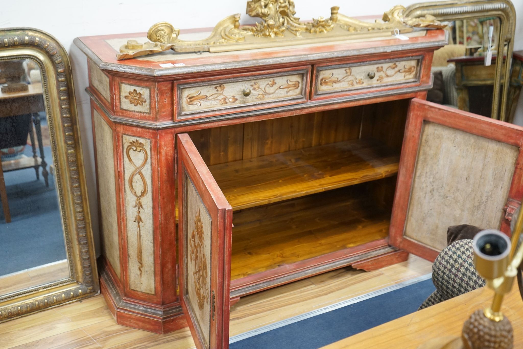 An 18th century French provincial style painted two door side cabinet, length 150cm, depth 49cm, height 105cm